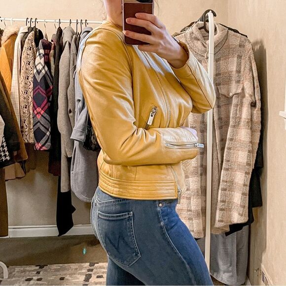 Mango Genuine Leather Biker Jacket Orange Mustard S - Picture 3 of 9